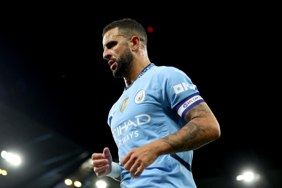 Manchester City's Kyle Walker during the Carabao Cup Third Round match between Manchester City and Watford at Etihad Stadium on September 24, 2024 in Manchester, England. (Photo by Carl Recine/Getty Images)