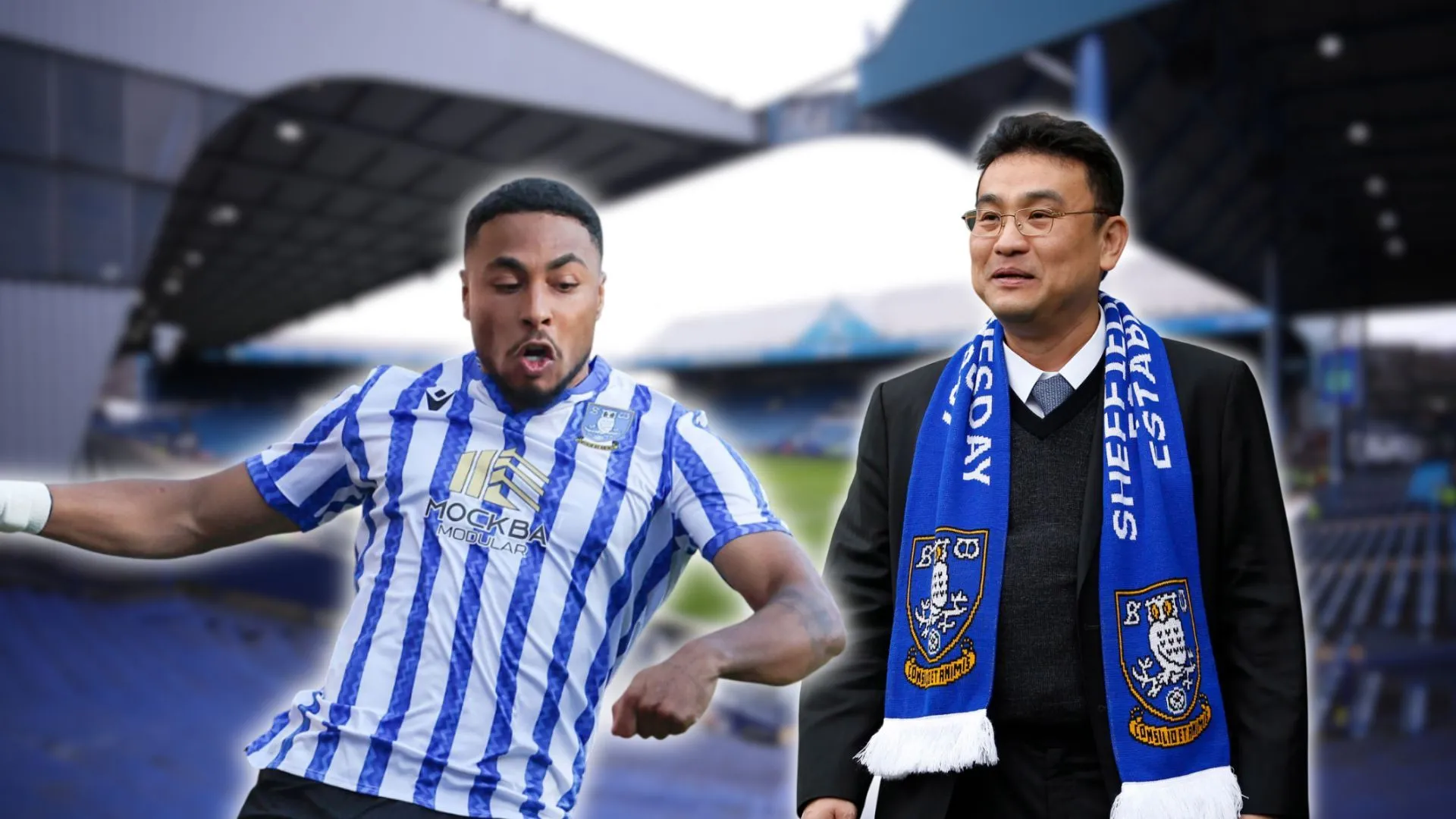 Akin Famewo và Chủ tịch Dejphon Chansiri tại sân Hillsborough của Sheffield Wednesday.