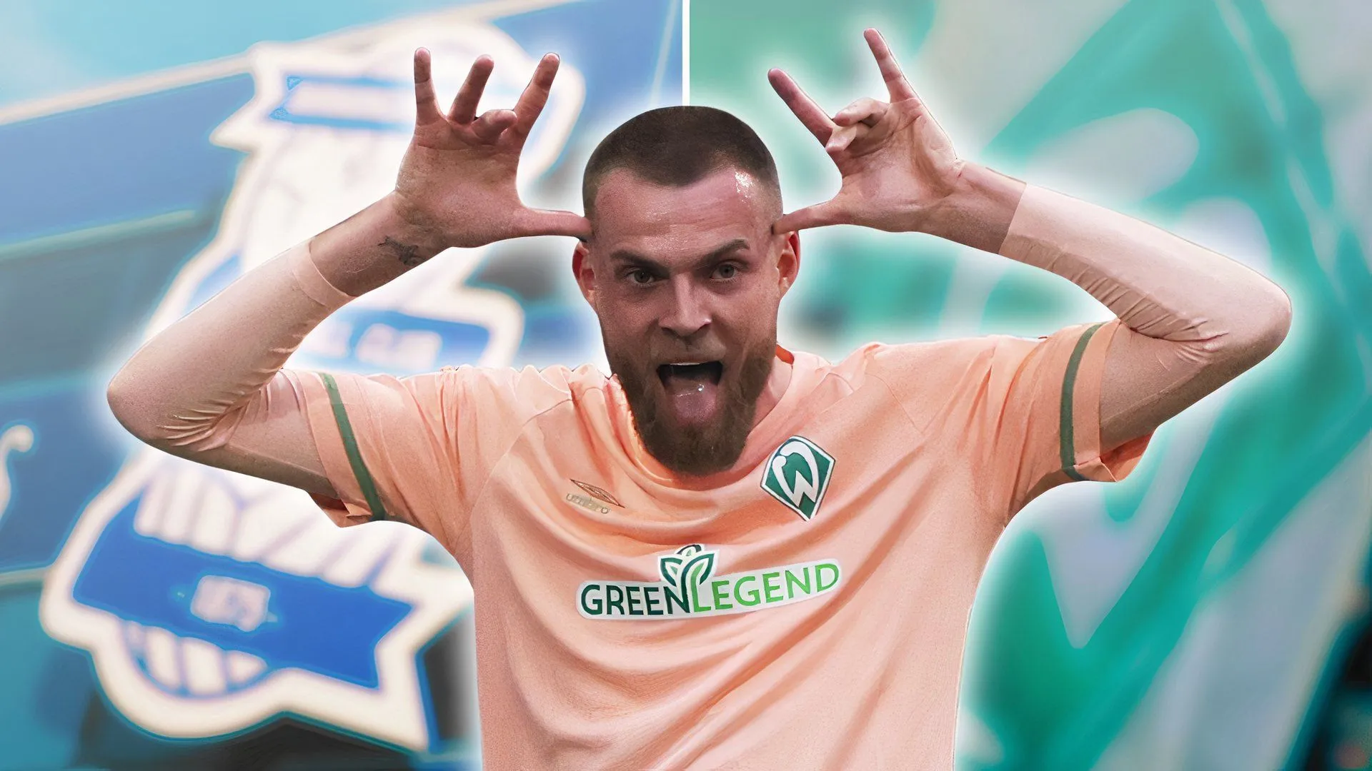 Marvin Ducksch của Werder Bremen trong áo đấu, bên cạnh logo Birmingham City và Werder Bremen